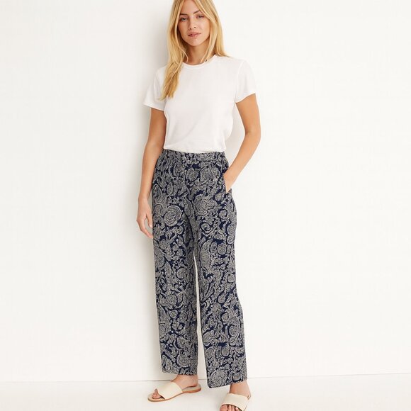 Theory 100% Silk Navy White Paisley Wide Leg Pants Flowy Spring Summer XS P - Picture 1 of 8
